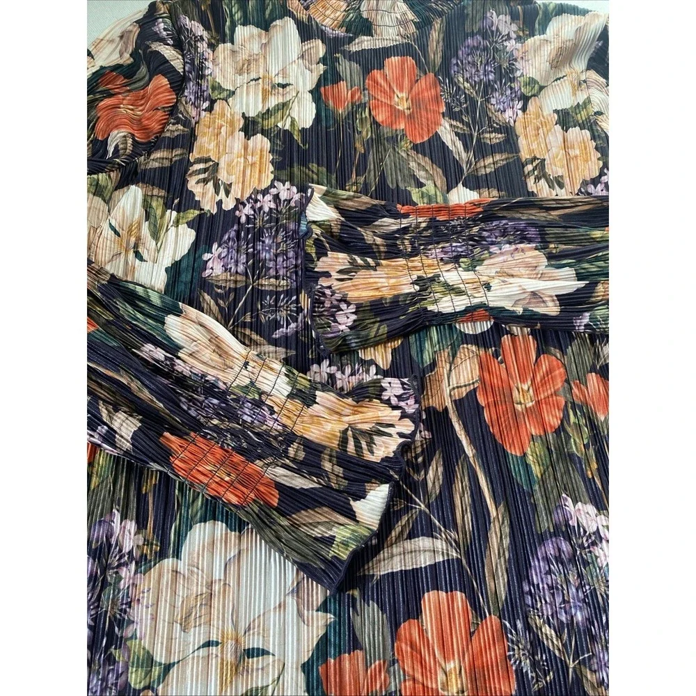 Chico's Womens 4 XXL Dark Purple Floral Pleated Blouse Long Sleeve Mock Neck Top - Picture 10 of 16